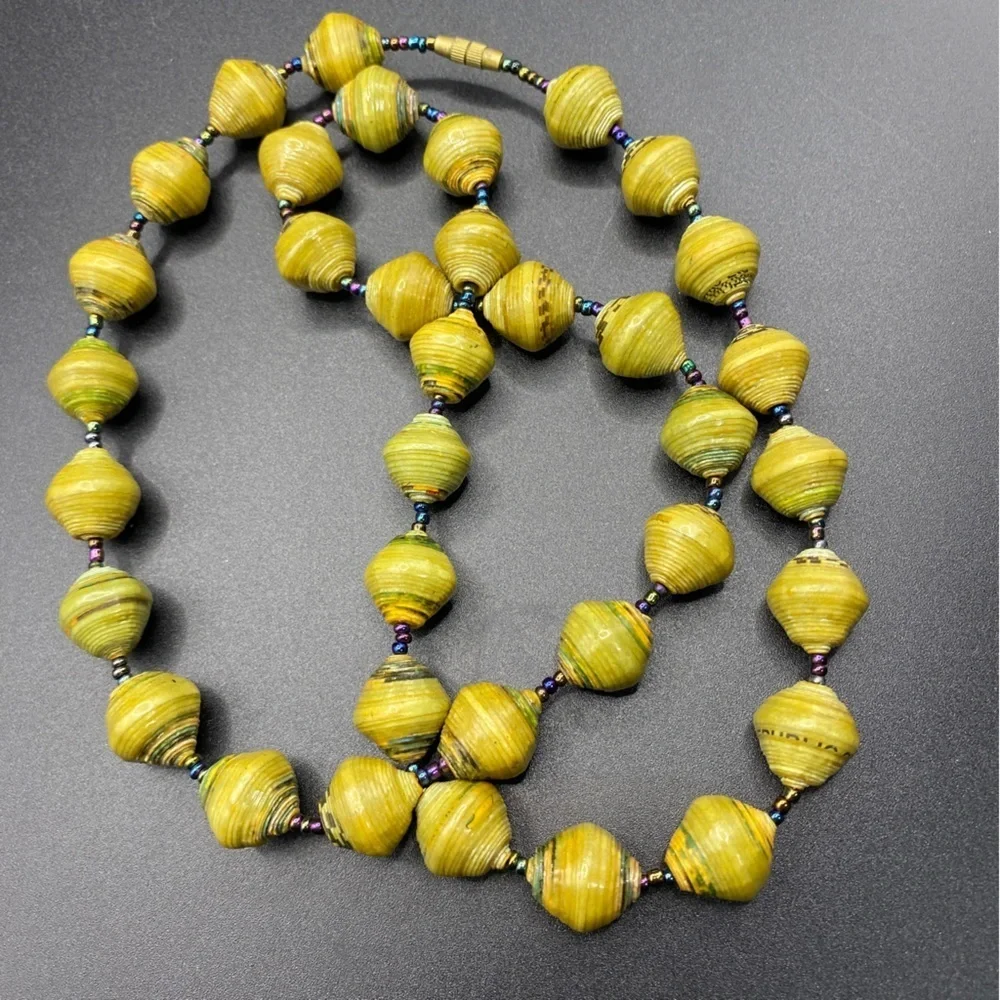 Kitchy Paper Beads Necklace Green With Seed Beads Artisan Made